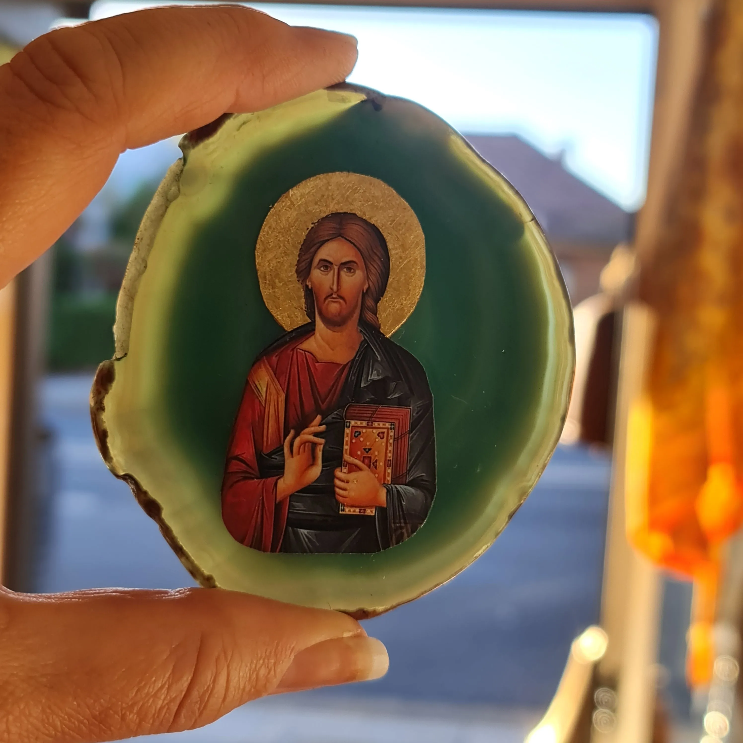 Christ Icon on Blue Agate Stone