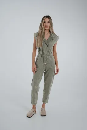 Cora Sleeveless Denim Jumpsuit In Khaki