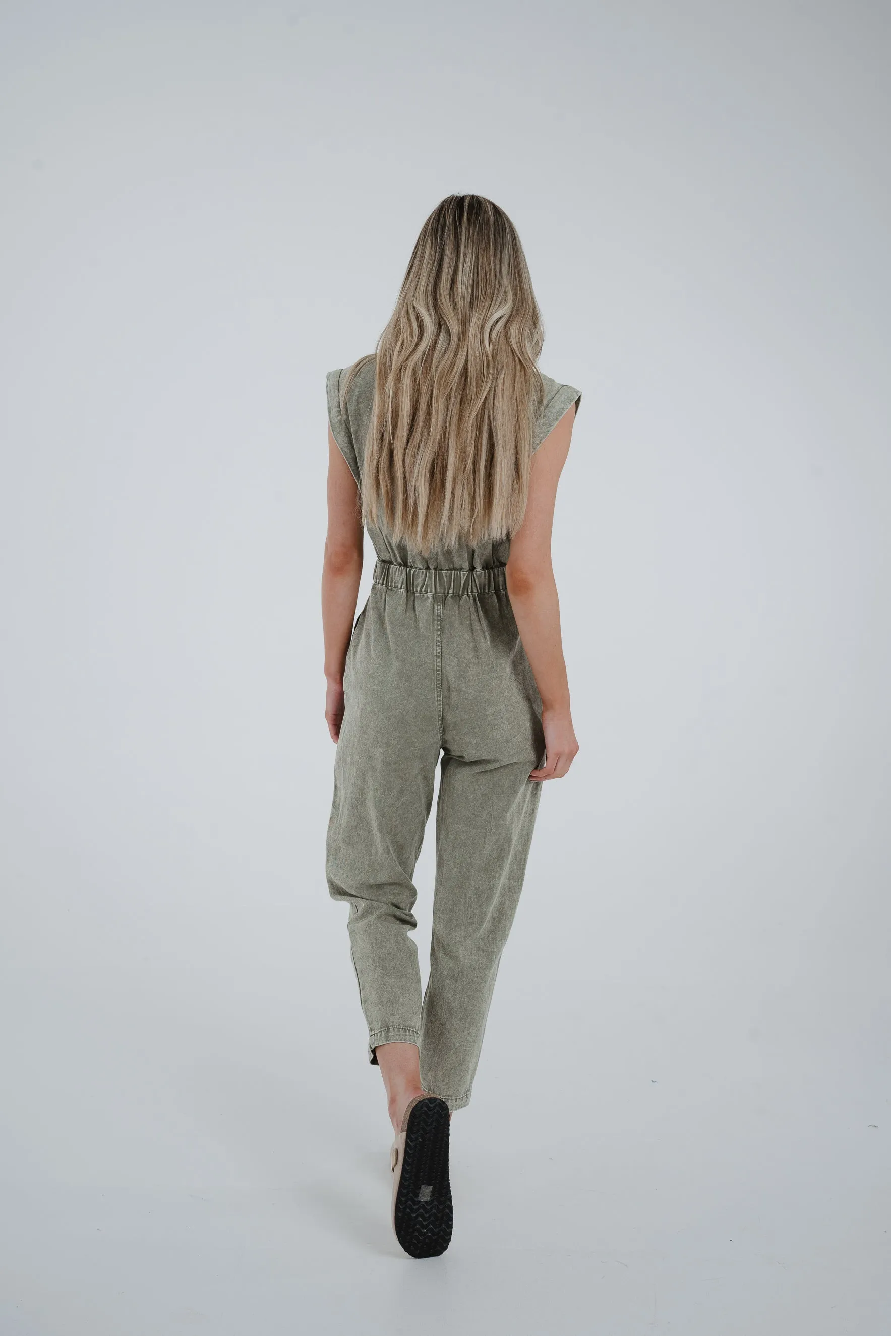 Cora Sleeveless Denim Jumpsuit In Khaki