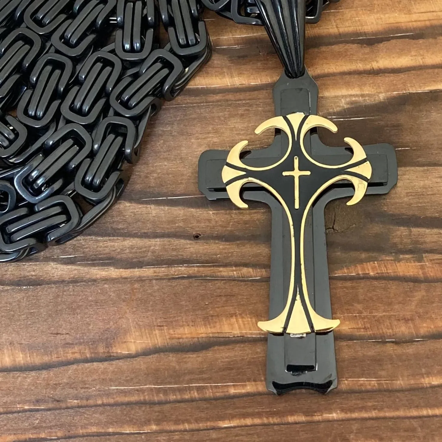 Cross - Risen Cross Black & Gold Pendant - Necklace - PEN820