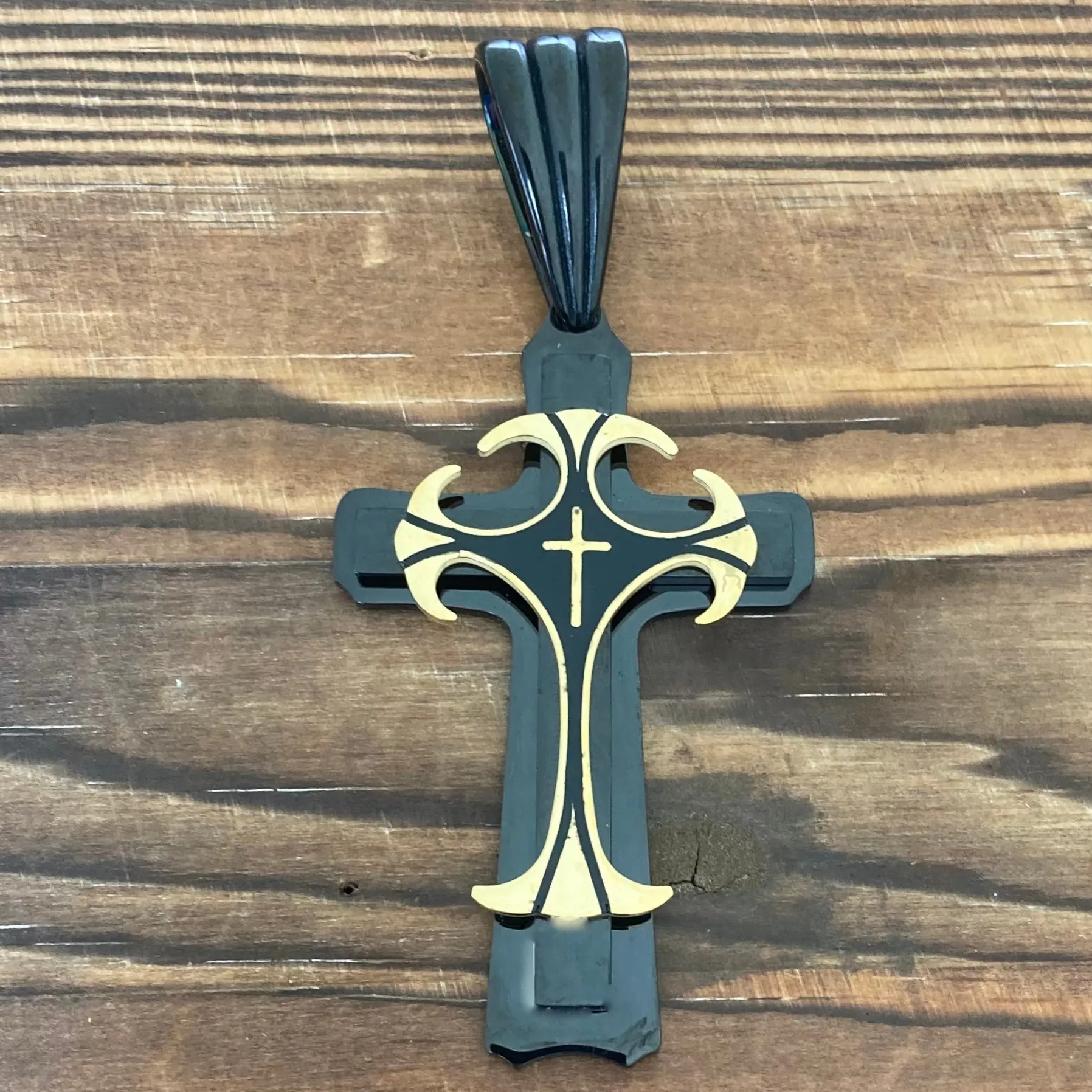 Cross - Risen Cross Black & Gold Pendant - Necklace - PEN820