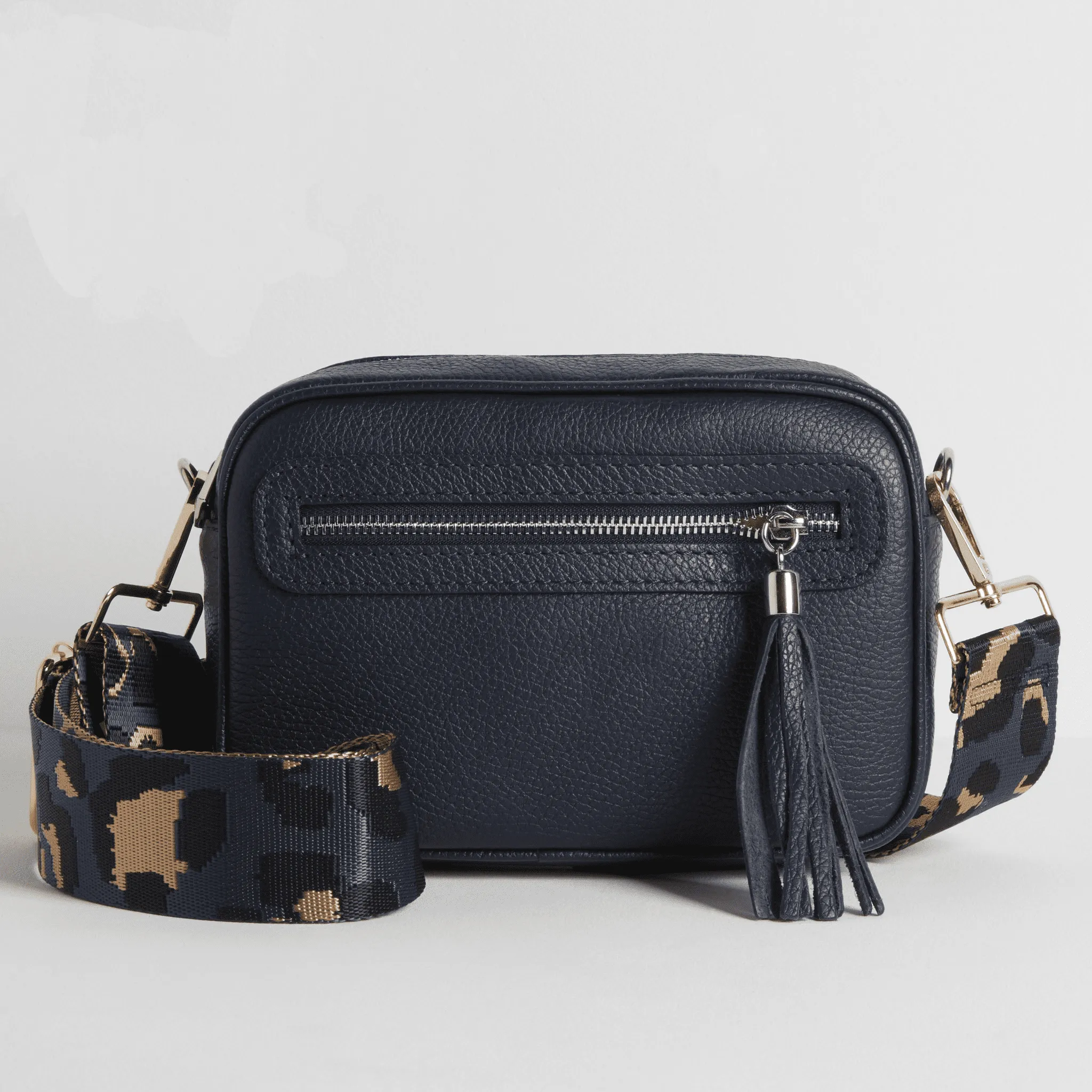 Crossbody Strap - Dark Blue Leopard Print (Silver Hardware)