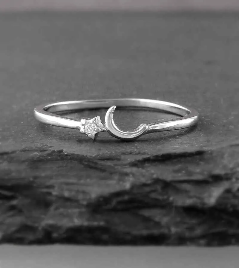 Dainty Crescent Moon With CZ Star Ring