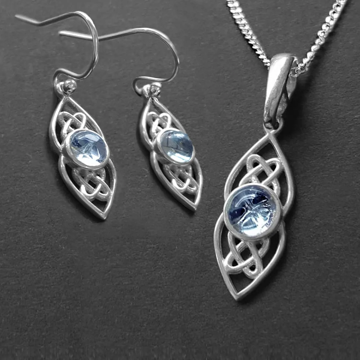 Dainty Silver Celtic Jewellery Blue Topaz, Celtic Jewellery SET with Topaz Necklace and Earrings