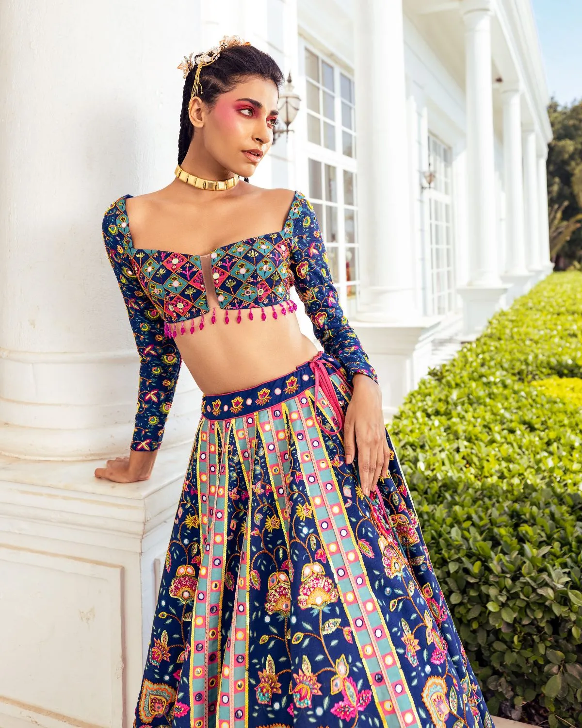 Dark Blue Printed & Embroidered Lehenga Set