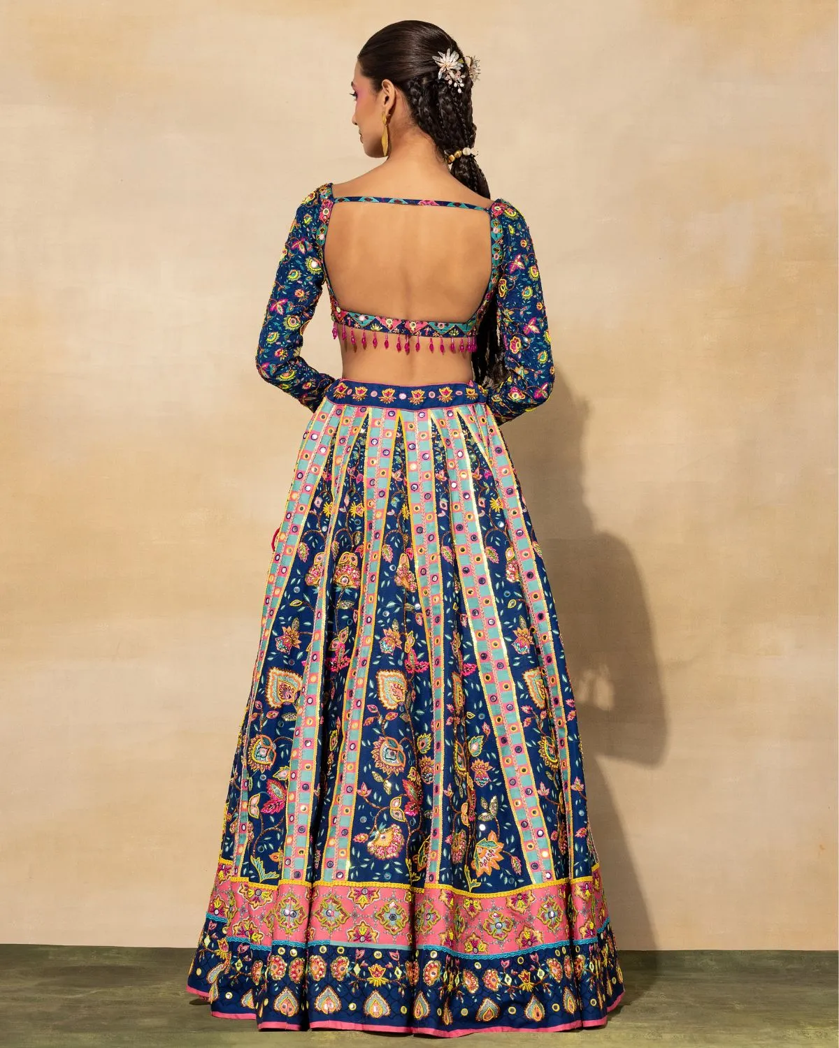 Dark Blue Printed & Embroidered Lehenga Set