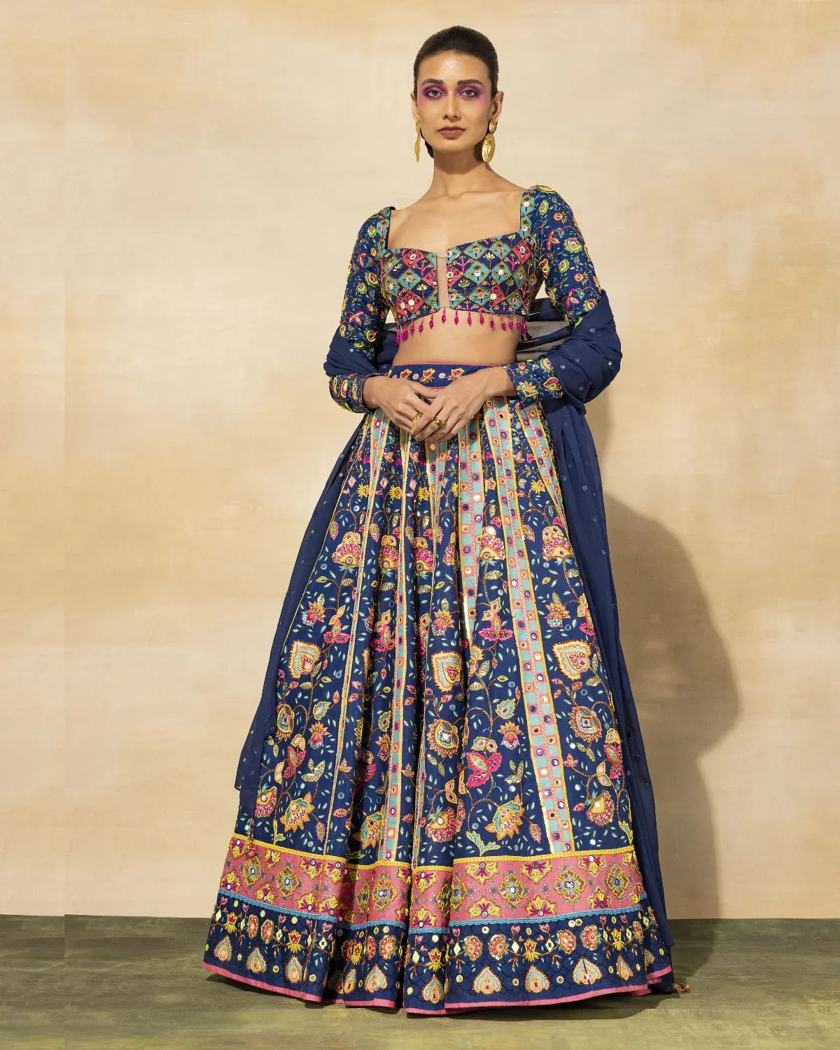 Dark Blue Printed & Embroidered Lehenga Set