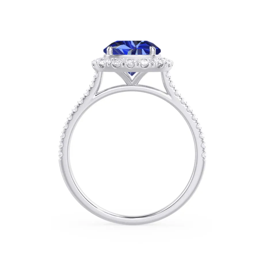 DARLEY -  Chatham® Blue Sapphire Elongated Cushion Micro Pavé 950 Platinum Halo