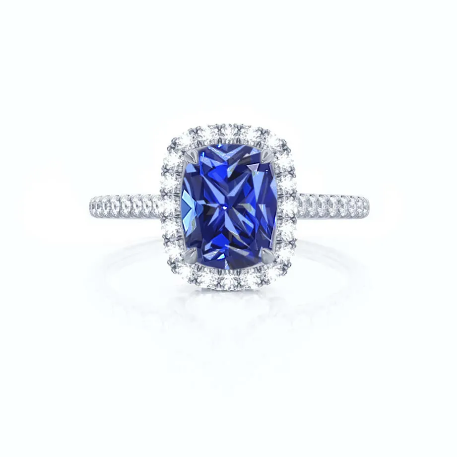 DARLEY -  Chatham® Blue Sapphire Elongated Cushion Micro Pavé 950 Platinum Halo