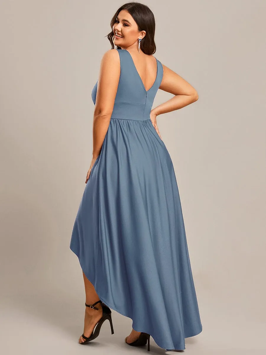 Deep V-Neck High-Low Sleeveless A-Line Wedding Guest Dress