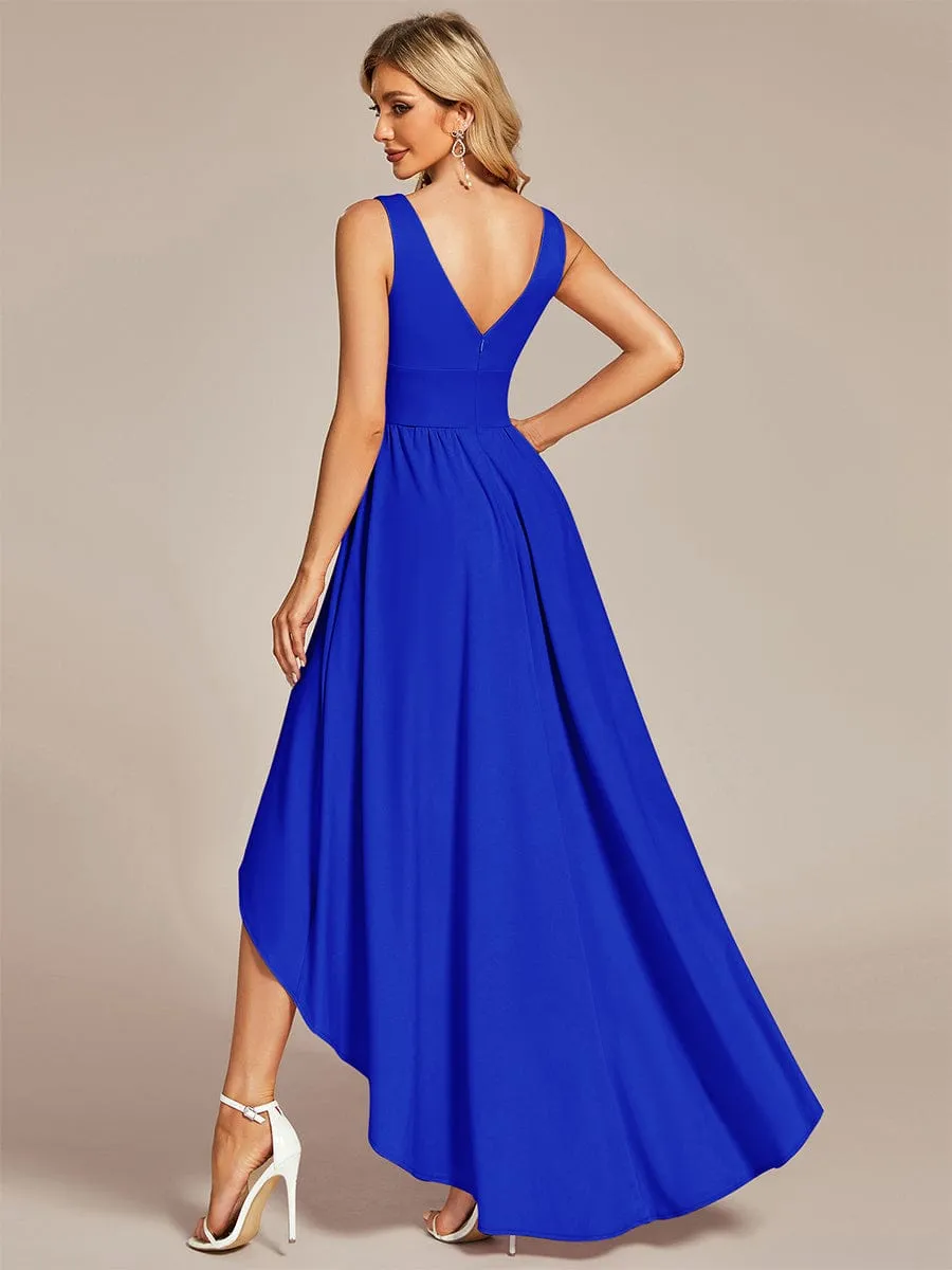 Deep V-Neck High-Low Sleeveless A-Line Wedding Guest Dress