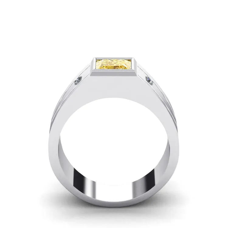 Diamond Signet Ring with 1.80ct Bezel Set Square Citrine SOLID Gold Male Gemstone Band