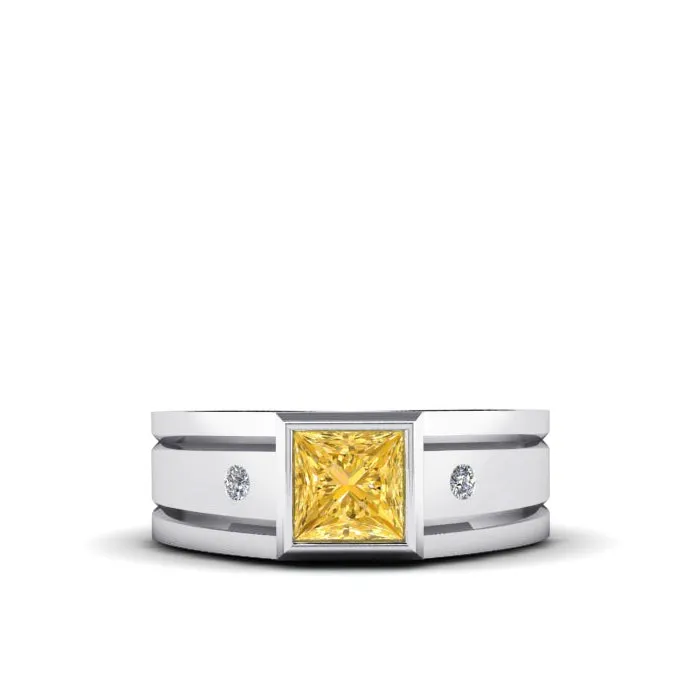 Diamond Signet Ring with 1.80ct Bezel Set Square Citrine SOLID Gold Male Gemstone Band