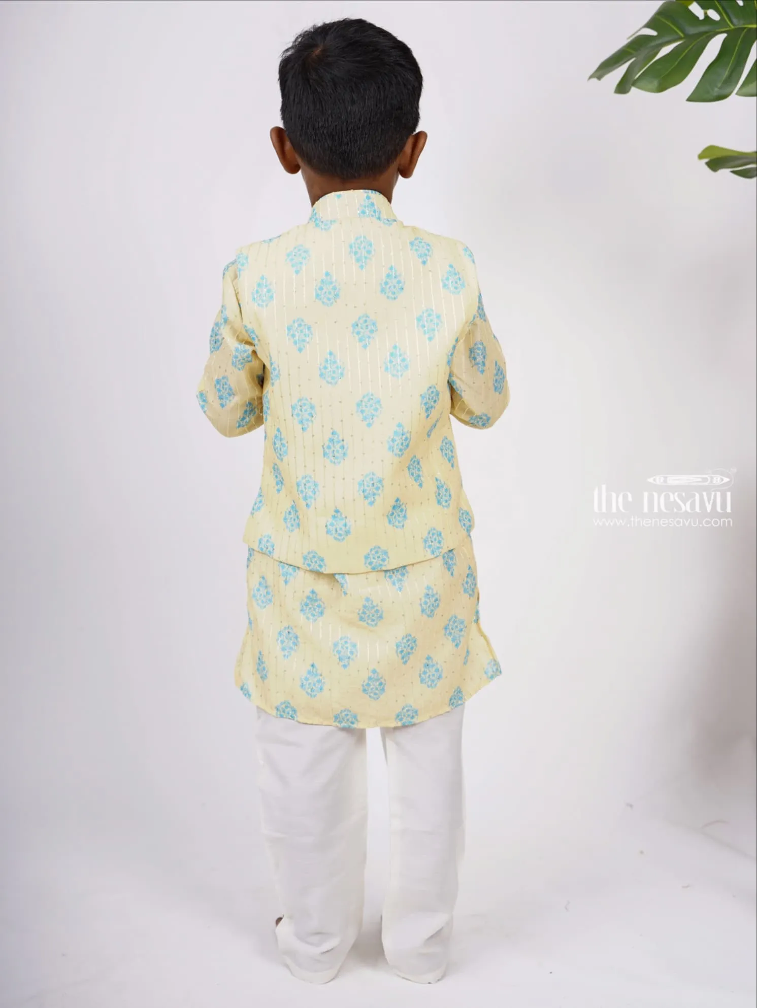 Elegant Cream With Blue Printed Readymade Cotton Kurta Suit For Boys