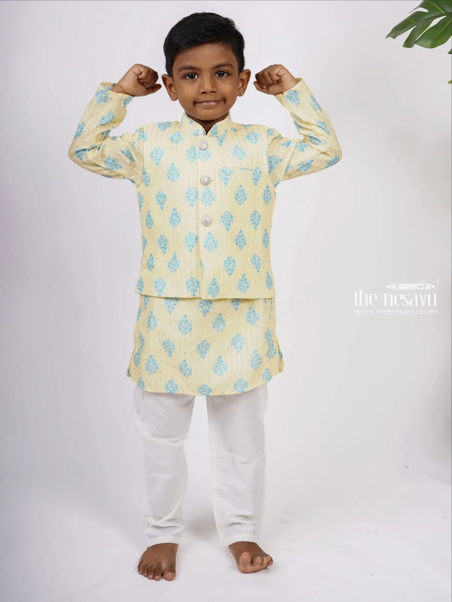 Elegant Cream With Blue Printed Readymade Cotton Kurta Suit For Boys