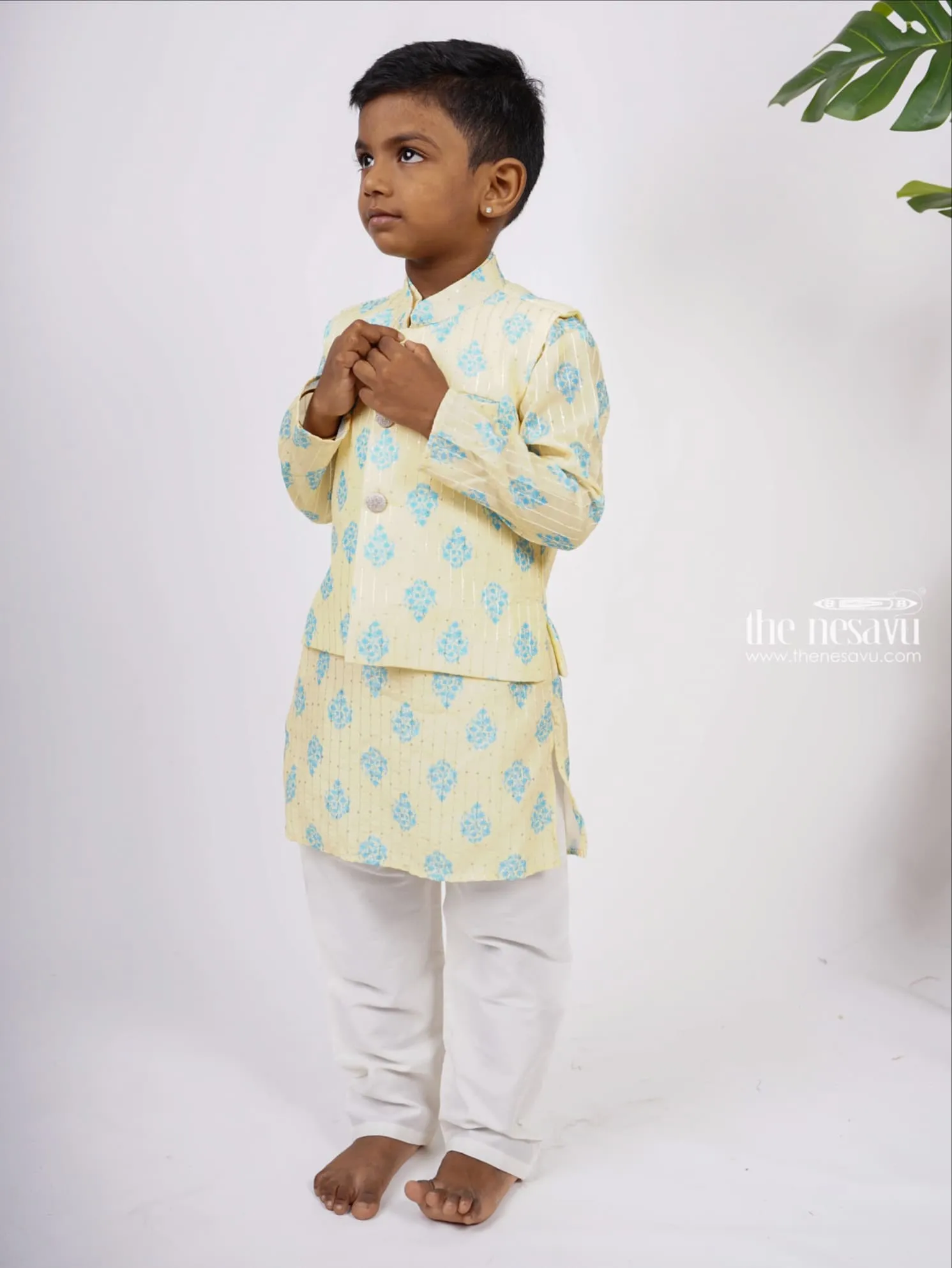 Elegant Cream With Blue Printed Readymade Cotton Kurta Suit For Boys