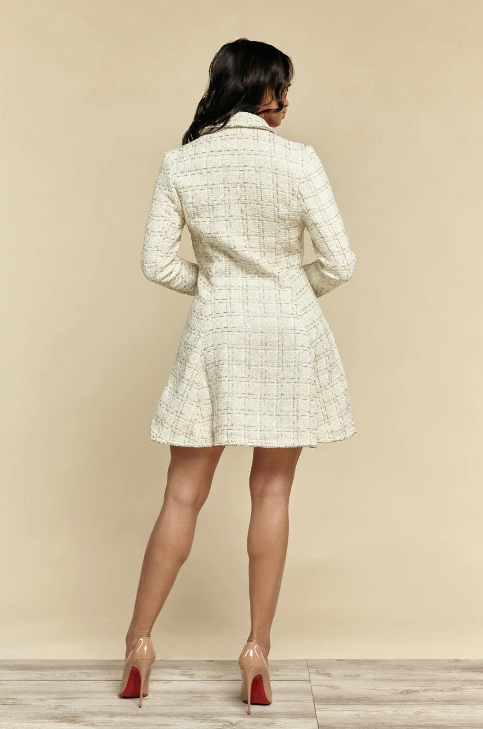 Emilia White and Beige A-Line Tweed Mini Dress