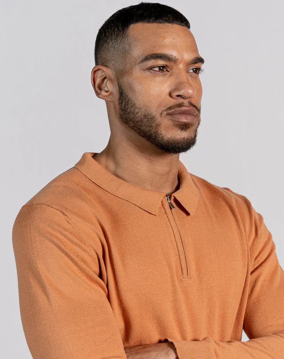 ESSENTIAL LONG SLEEVE ZIPPED POLO TOP - TOFFEE