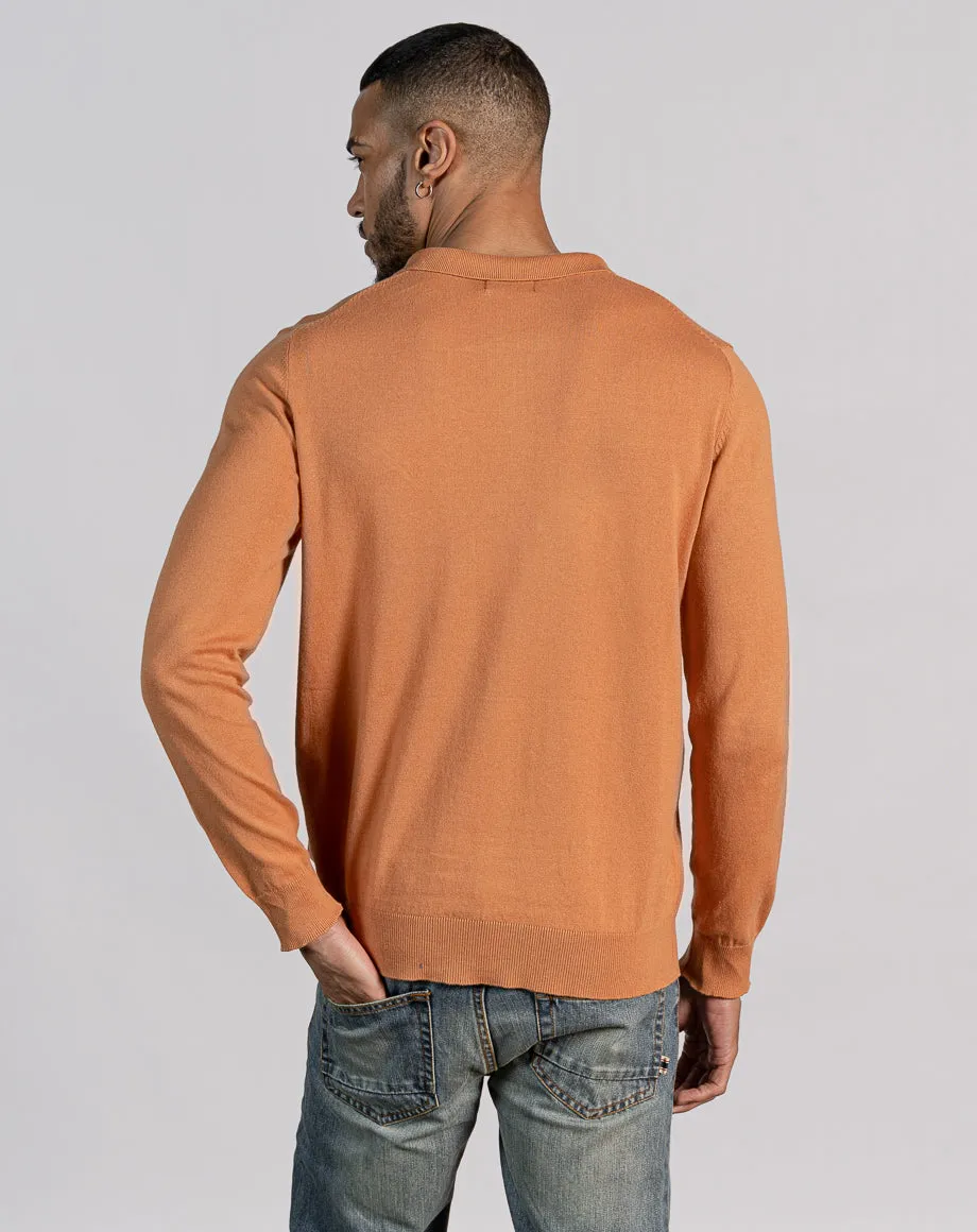 ESSENTIAL LONG SLEEVE ZIPPED POLO TOP - TOFFEE