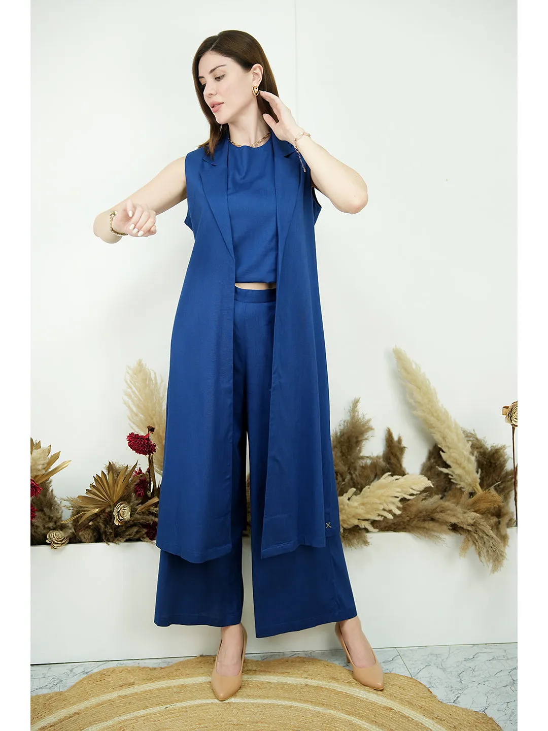 Exude Lustrous Long Jacket , Top with Wide Leg Trouser (Royal Blue)