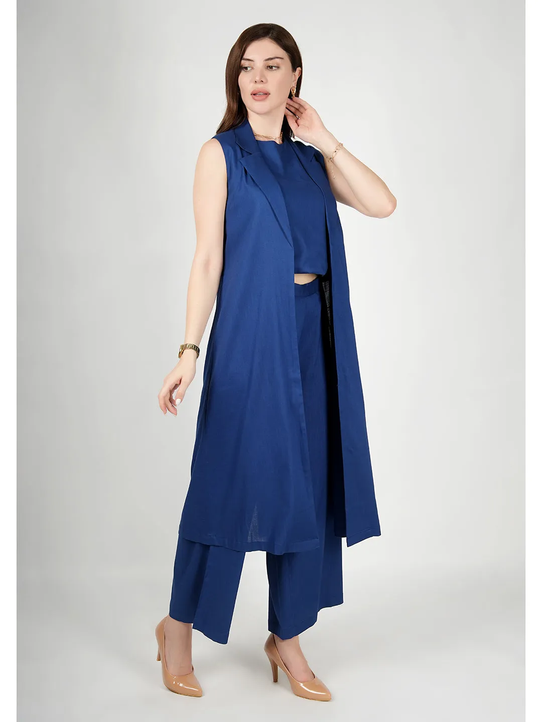 Exude Lustrous Long Jacket , Top with Wide Leg Trouser (Royal Blue)