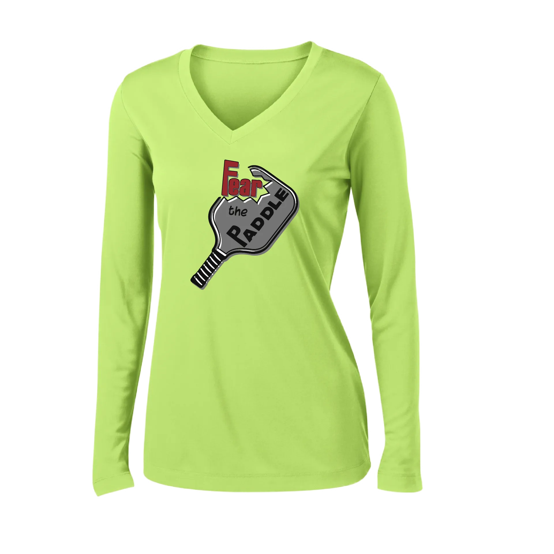 Fear The Paddle | Women's Long Sleeve V-Neck Pickleball Shirts | 100% Polyester