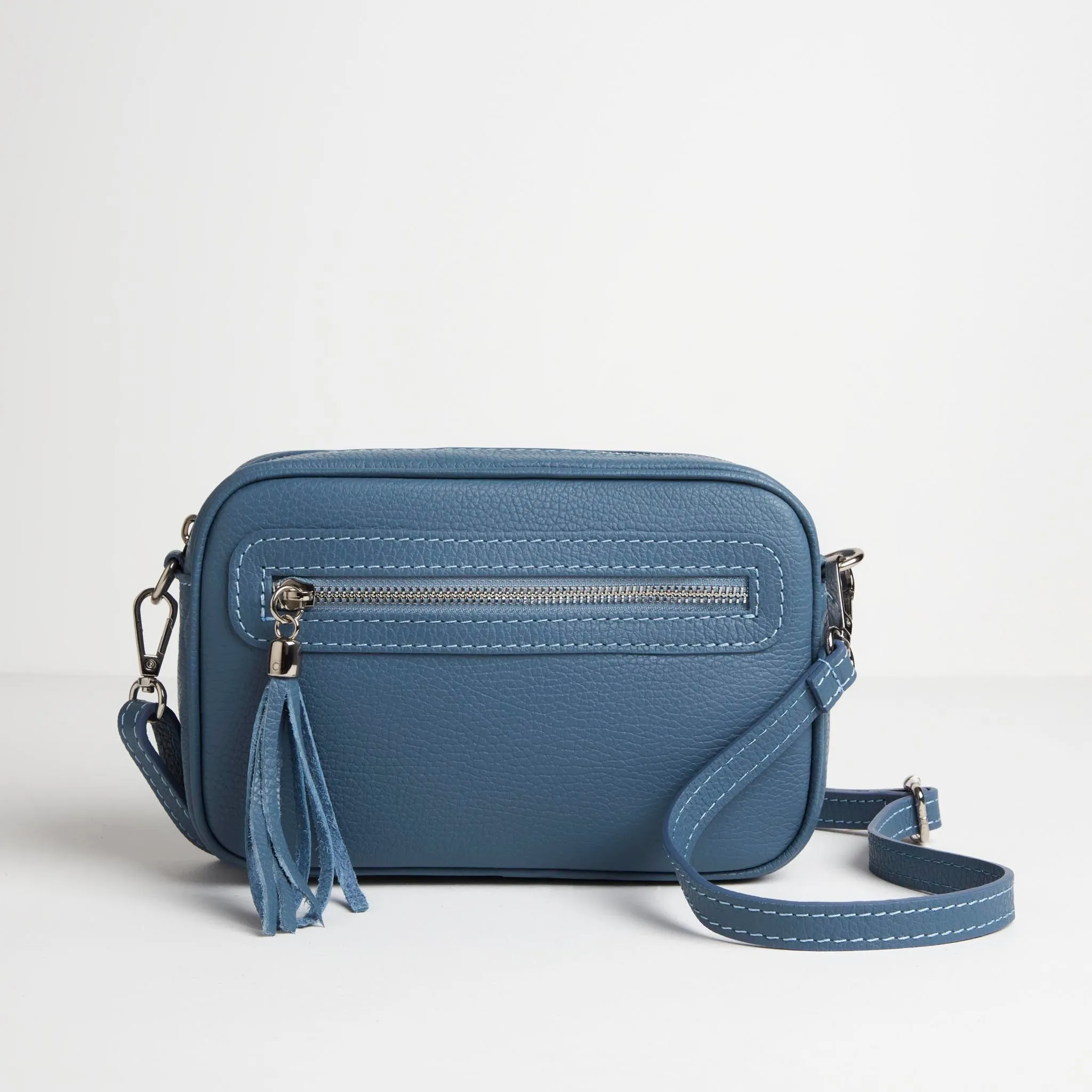 Florence Crossbody Bag in Denim Blue with Pastel Stripe Strap