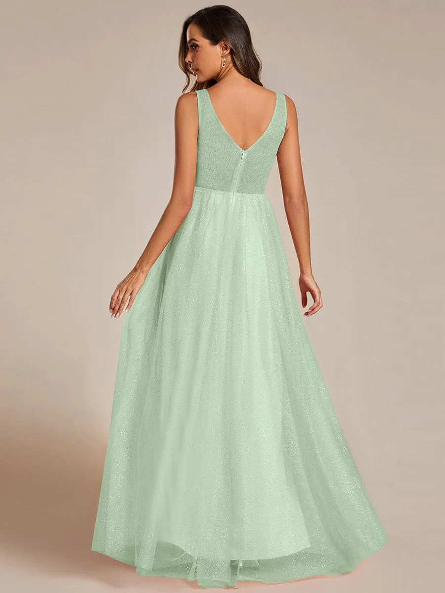 Glittering High Slit Sleeveless Bridesmaid Dress with Empire Waist