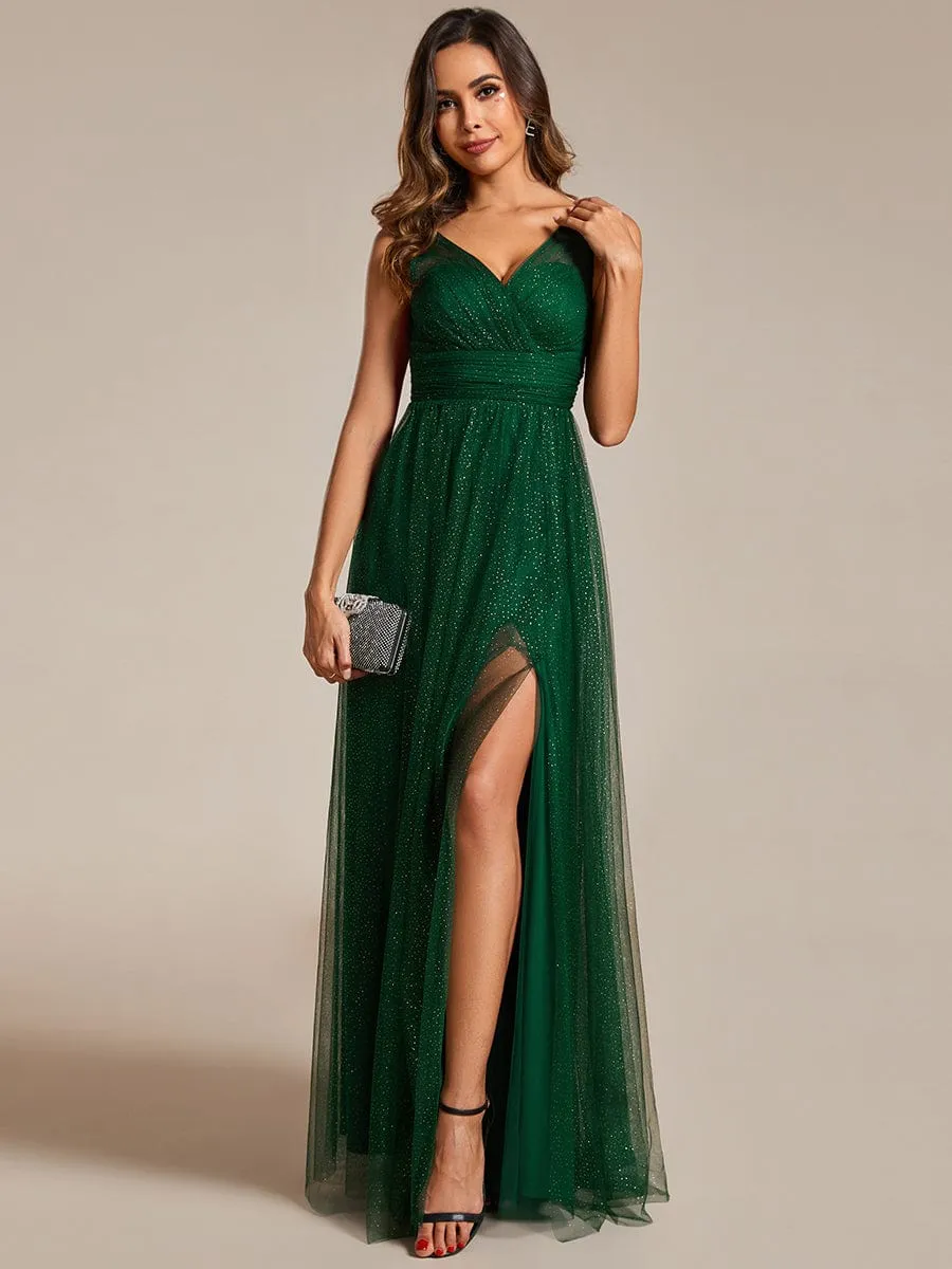 Glittering High Slit Sleeveless Bridesmaid Dress with Empire Waist