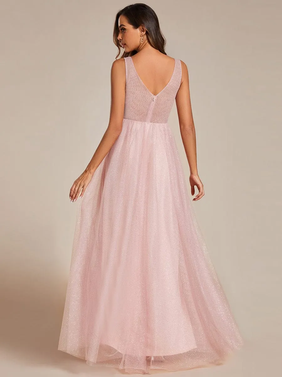 Glittering High Slit Sleeveless Bridesmaid Dress with Empire Waist