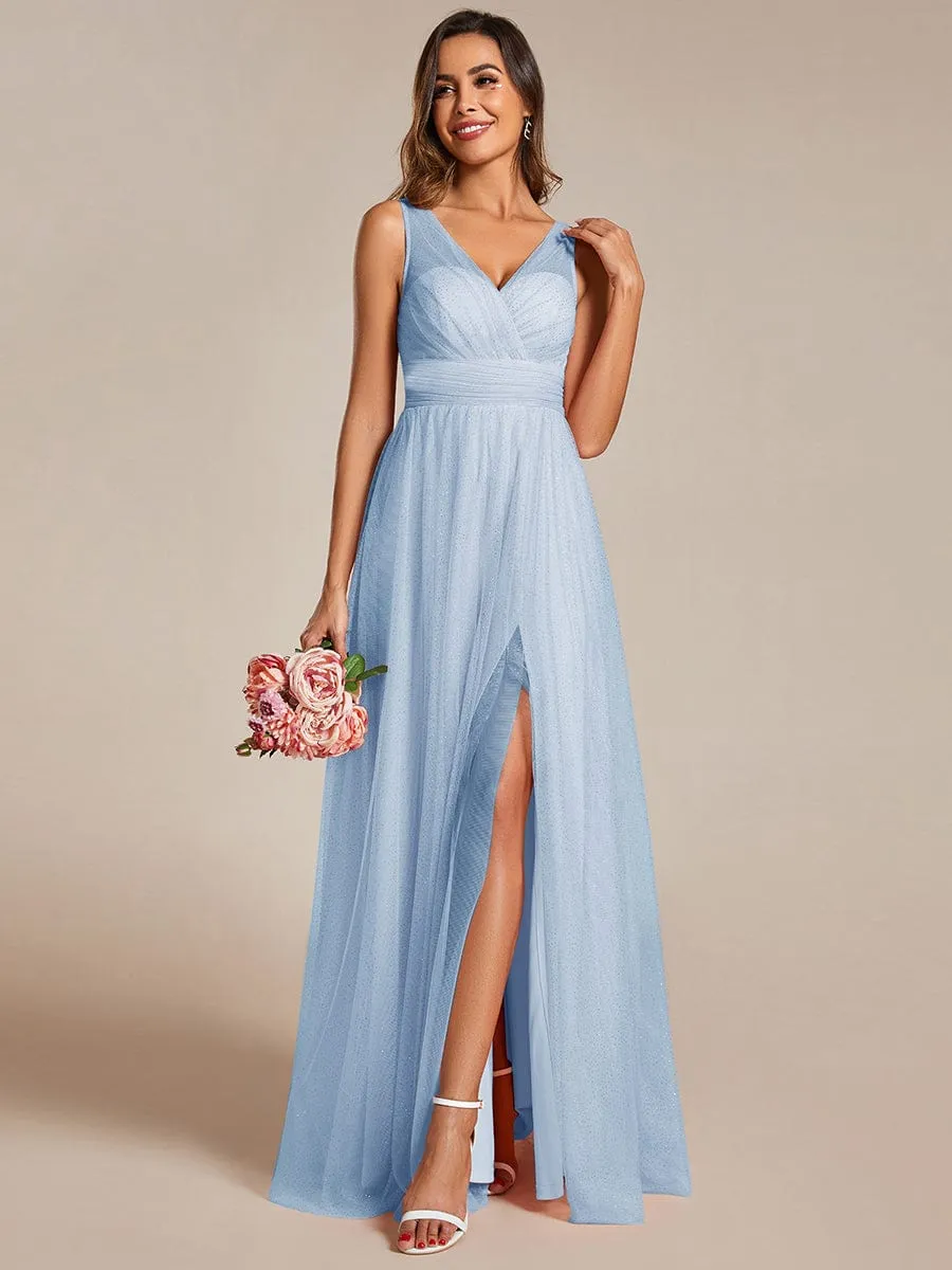 Glittering High Slit Sleeveless Bridesmaid Dress with Empire Waist