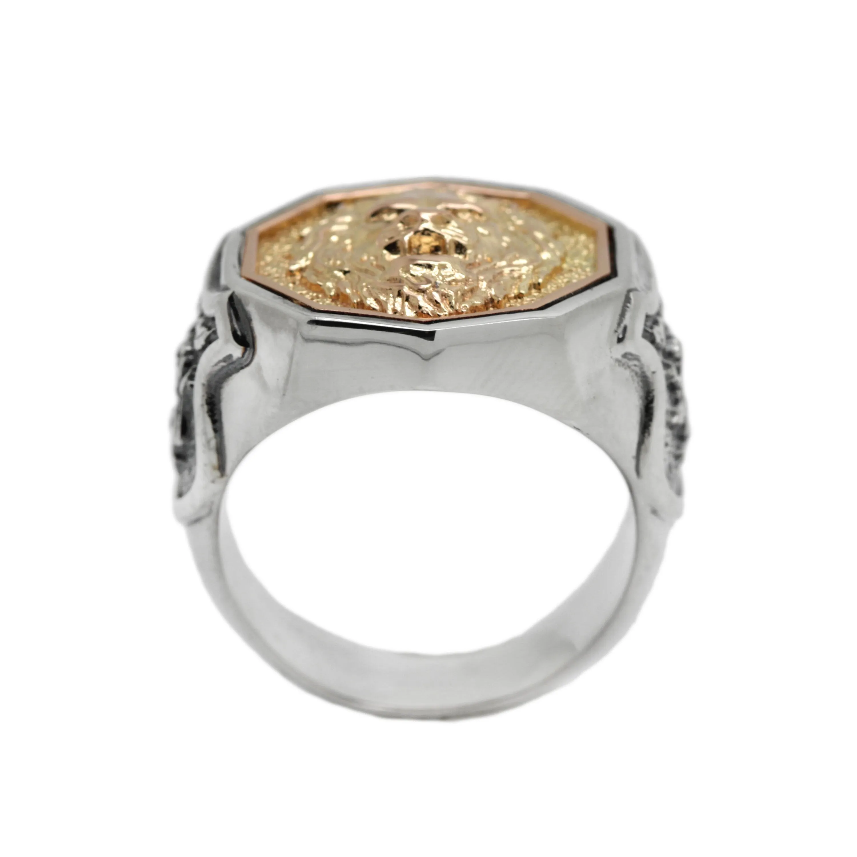 Gold Lion Top Mens Signet Ring Sterling Silver with Shields on the Sides