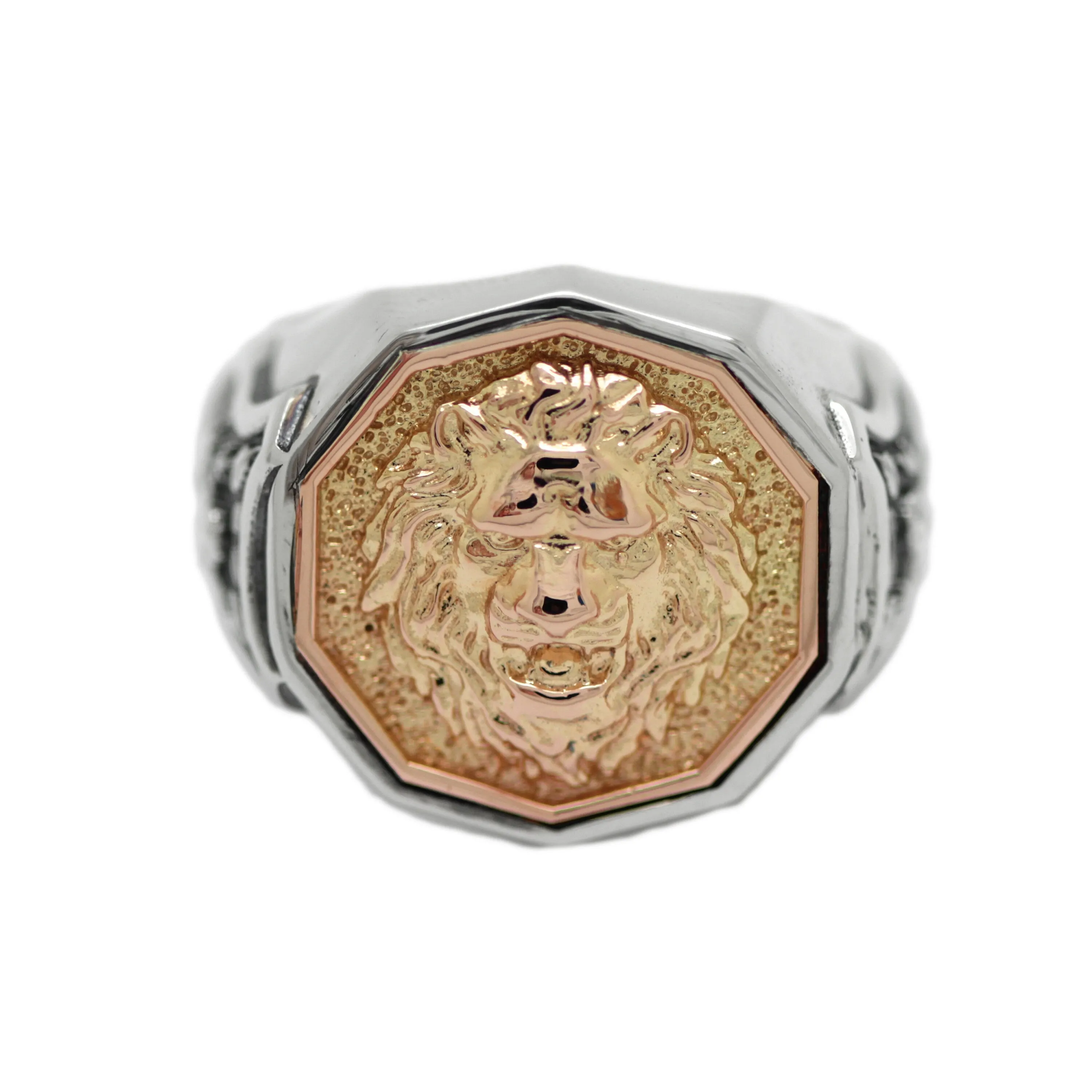 Gold Lion Top Mens Signet Ring Sterling Silver with Shields on the Sides