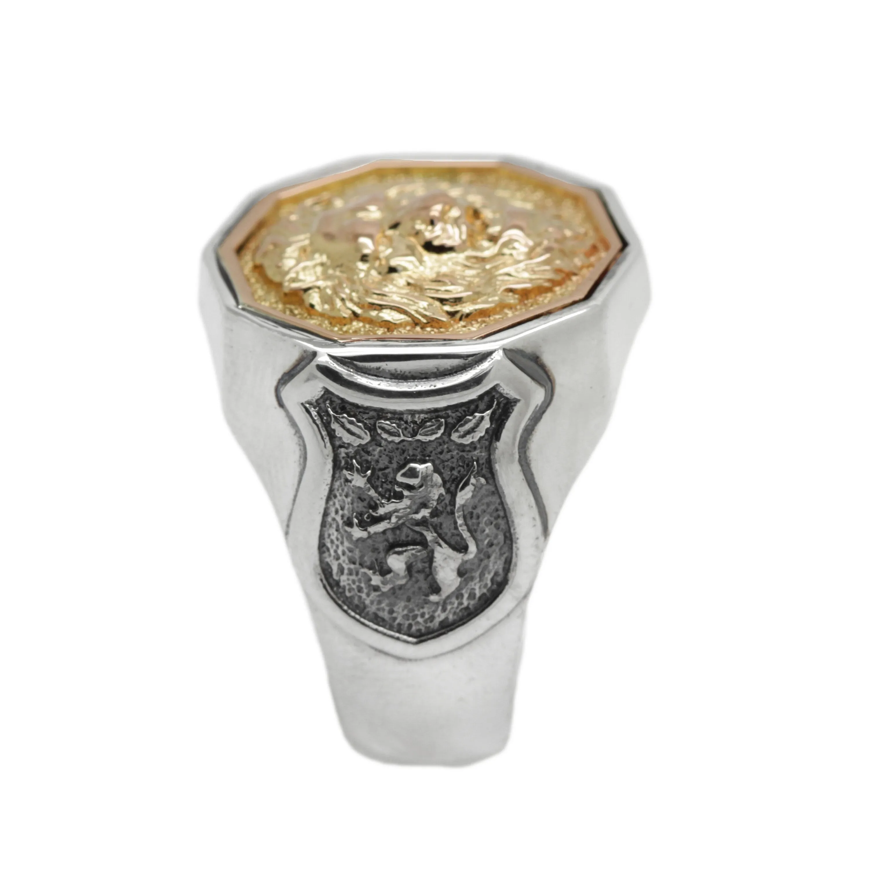 Gold Lion Top Mens Signet Ring Sterling Silver with Shields on the Sides