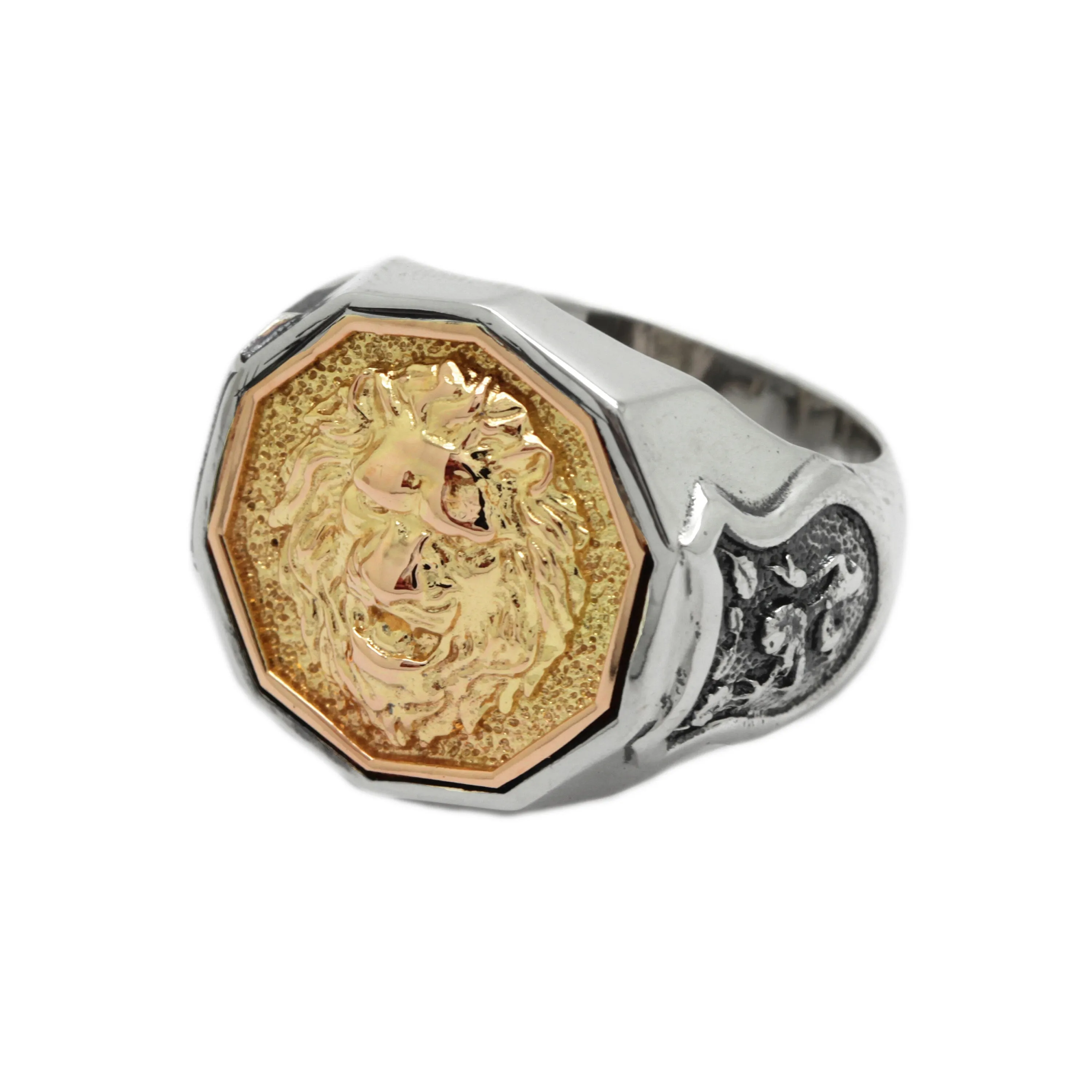 Gold Lion Top Mens Signet Ring Sterling Silver with Shields on the Sides