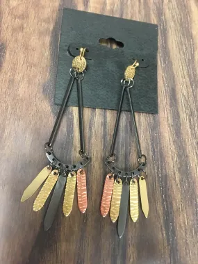 Gold,Copper, Black Metal Feather Trianlge Earrings