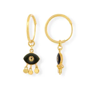 Handmade Gold Plated Silver Hoop Earrings With Black Enamel Evil Eye