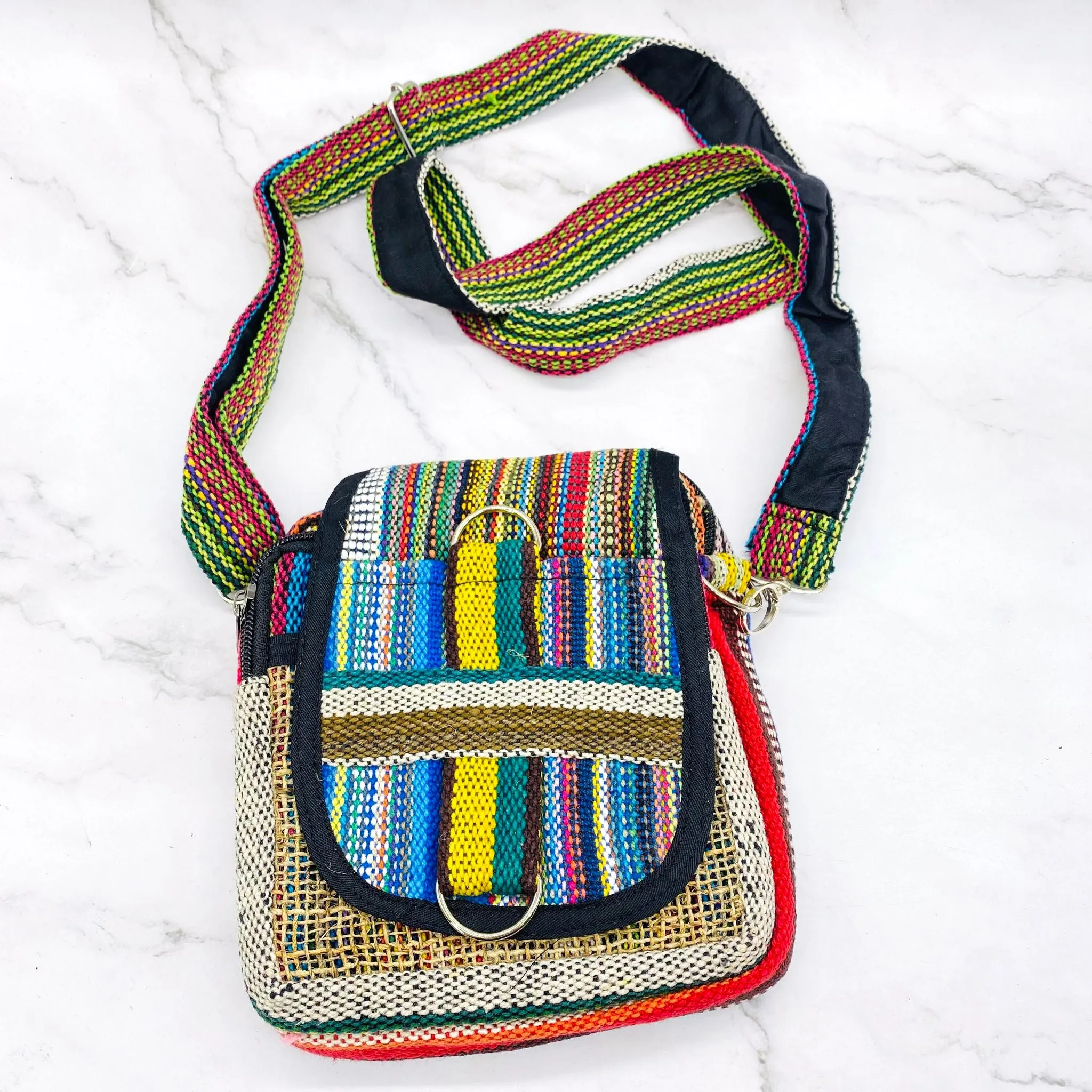 Hemp Mini Cross Body Bag, Ecofriendly Travel Purse, Passport Bag, Mini Shoulder Bag, Hippie Vegan Colorful Bag, Handmade Unisex Bag