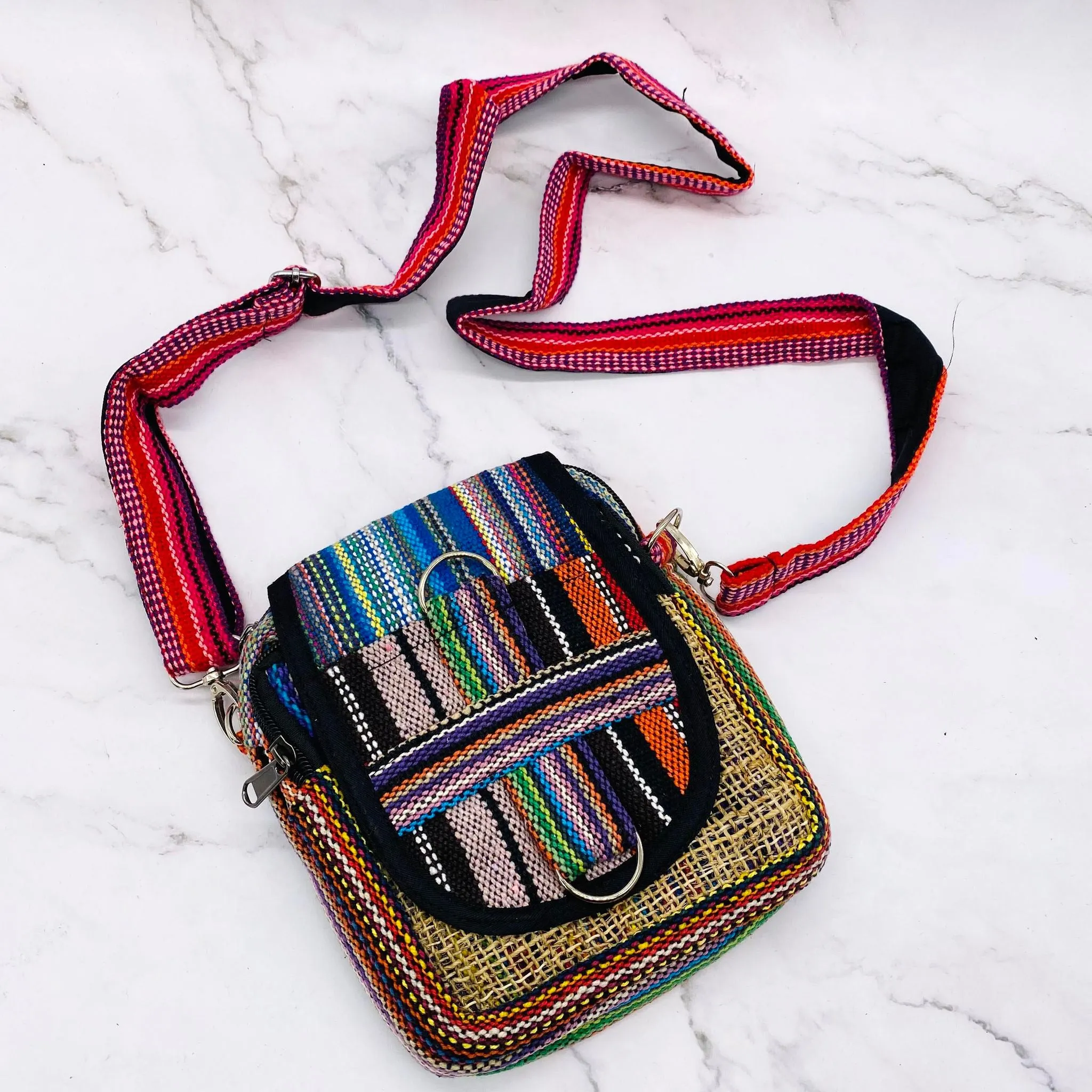 Hemp Mini Cross Body Bag, Ecofriendly Travel Purse, Passport Bag, Mini Shoulder Bag, Hippie Vegan Colorful Bag, Handmade Unisex Bag