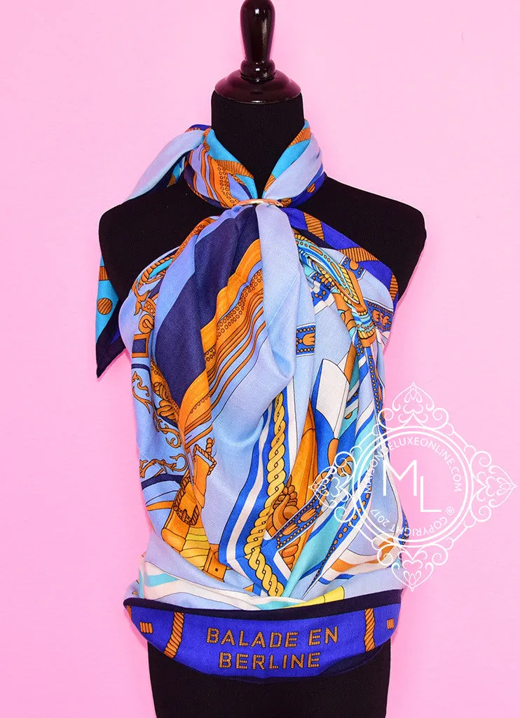 Hermes "Balade en Berline" Blue Cashmere 140 GM Shawl Scarf