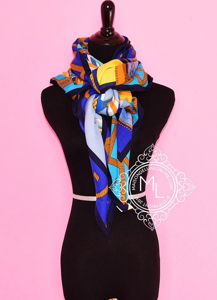 Hermes "Balade en Berline" Blue Cashmere 140 GM Shawl Scarf