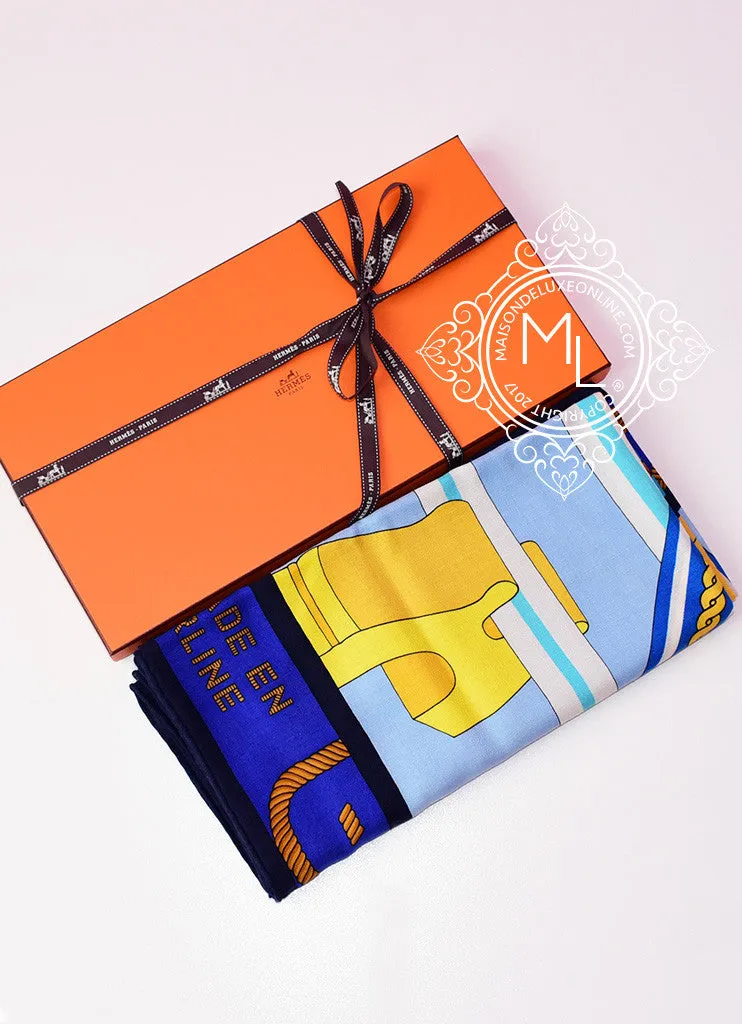 Hermes "Balade en Berline" Blue Cashmere 140 GM Shawl Scarf