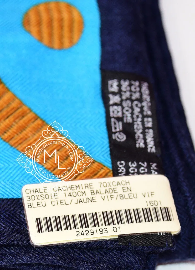 Hermes "Balade en Berline" Blue Cashmere 140 GM Shawl Scarf