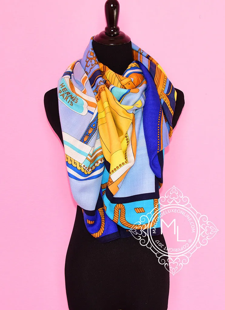 Hermes "Balade en Berline" Blue Cashmere 140 GM Shawl Scarf