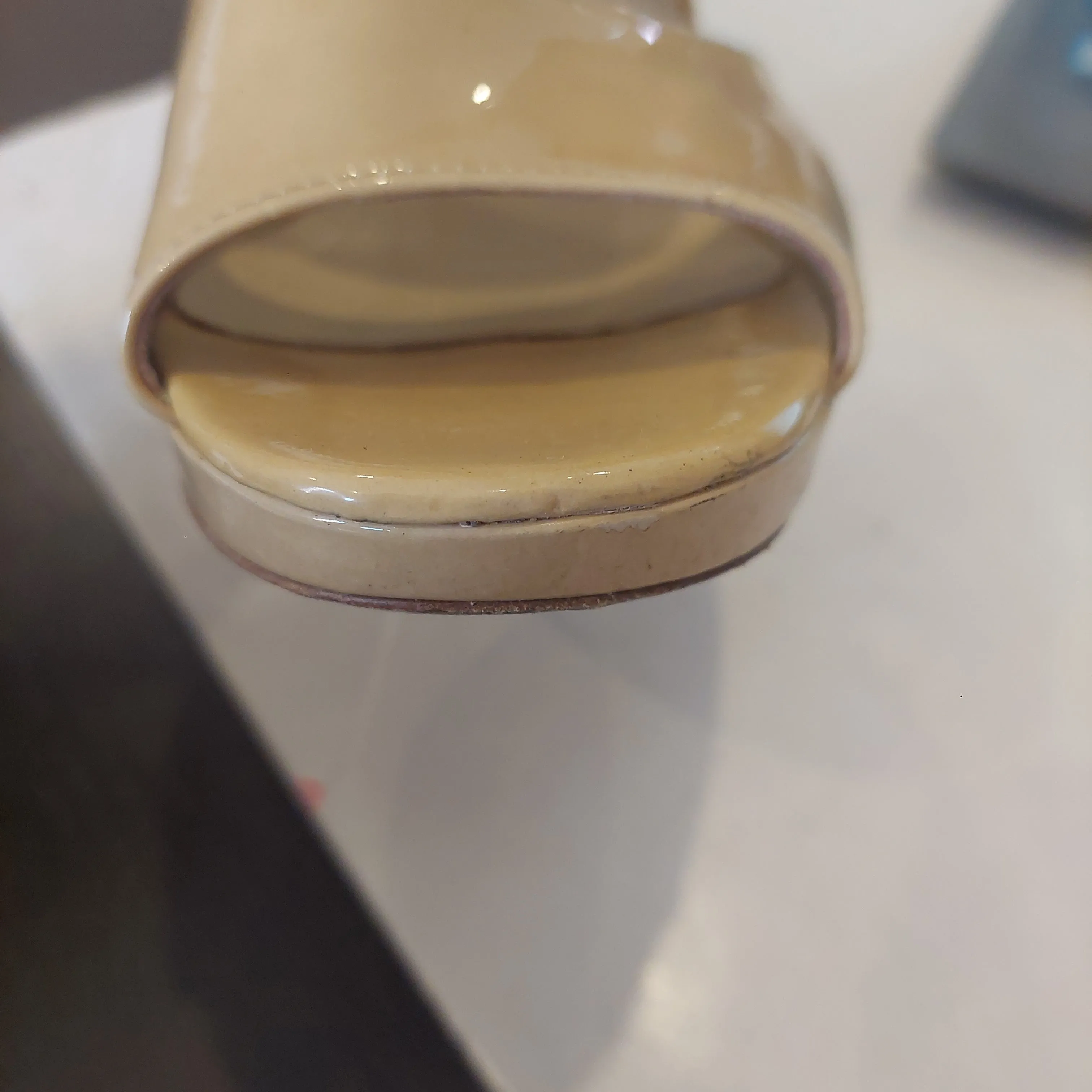 Jimmy Choo Dual Strap Patent Leather Nude Heels | Pre Loved |