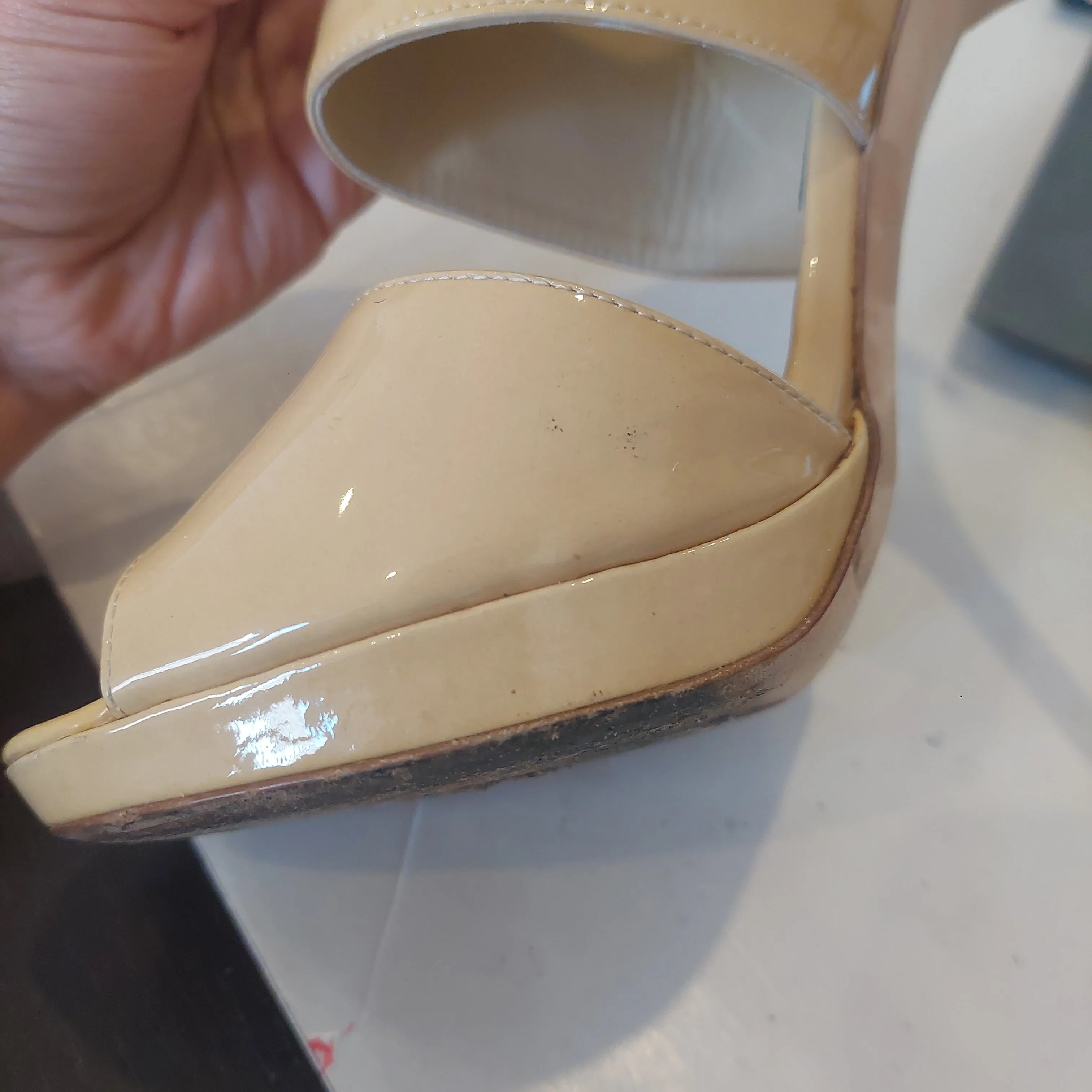 Jimmy Choo Dual Strap Patent Leather Nude Heels | Pre Loved |