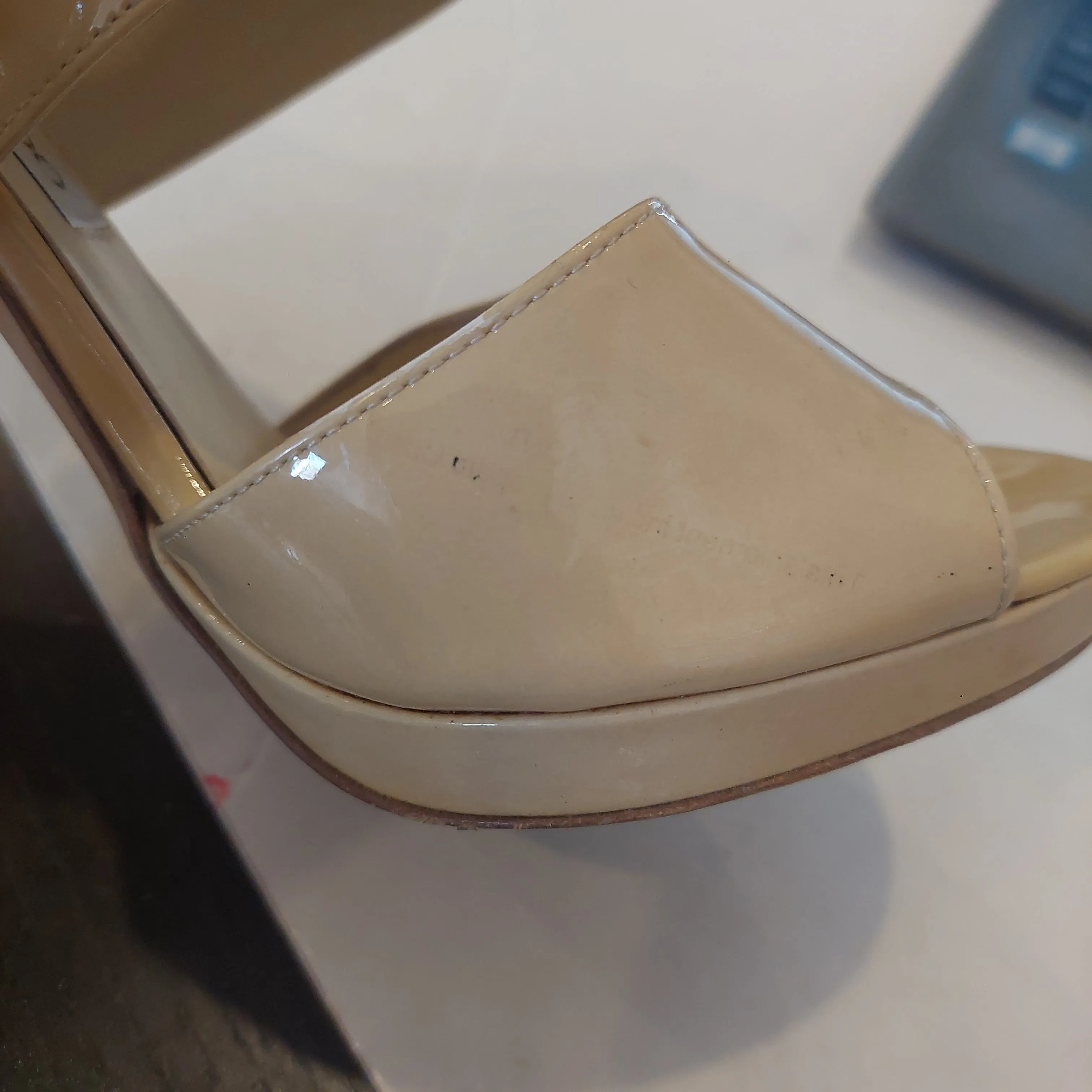 Jimmy Choo Dual Strap Patent Leather Nude Heels | Pre Loved |