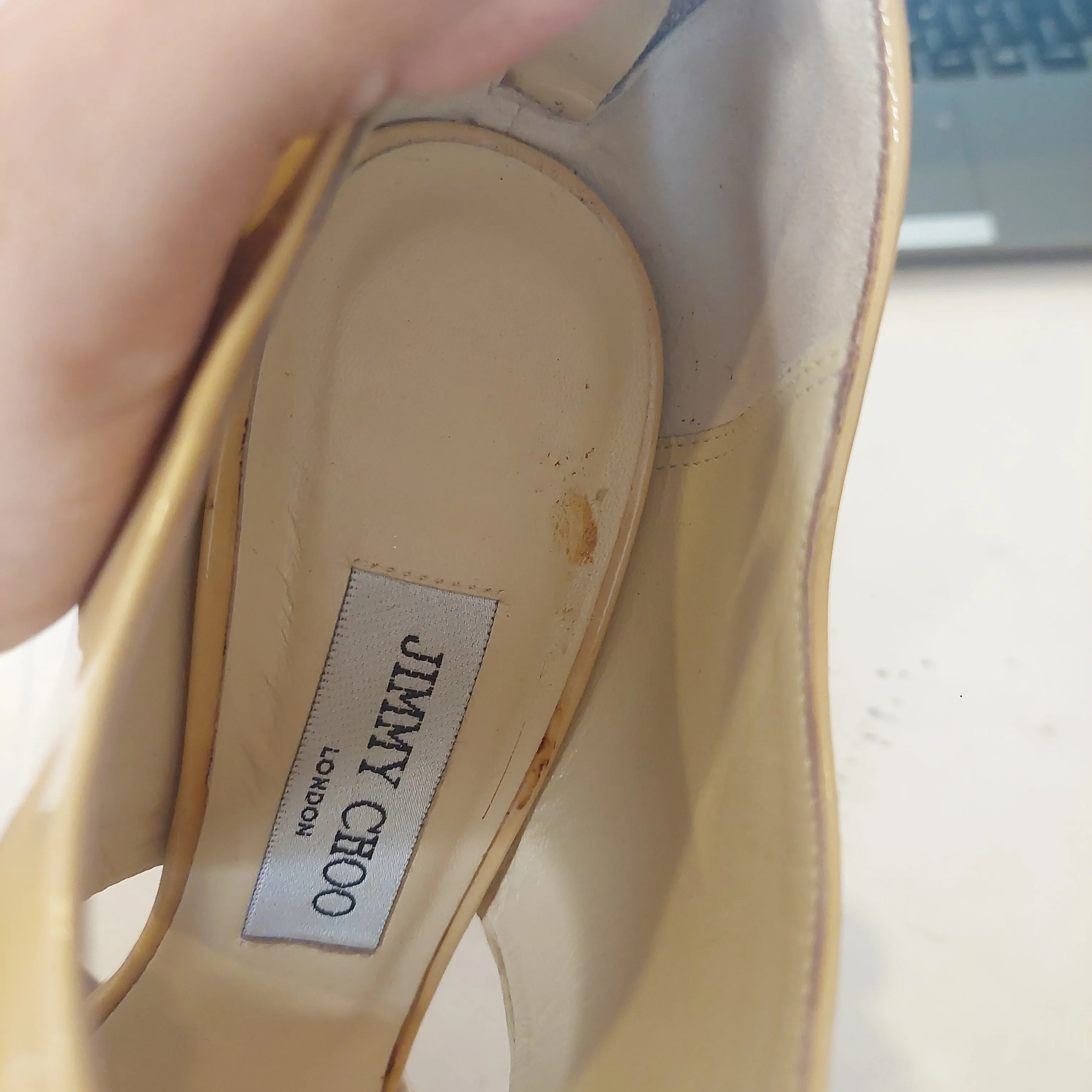 Jimmy Choo Dual Strap Patent Leather Nude Heels | Pre Loved |