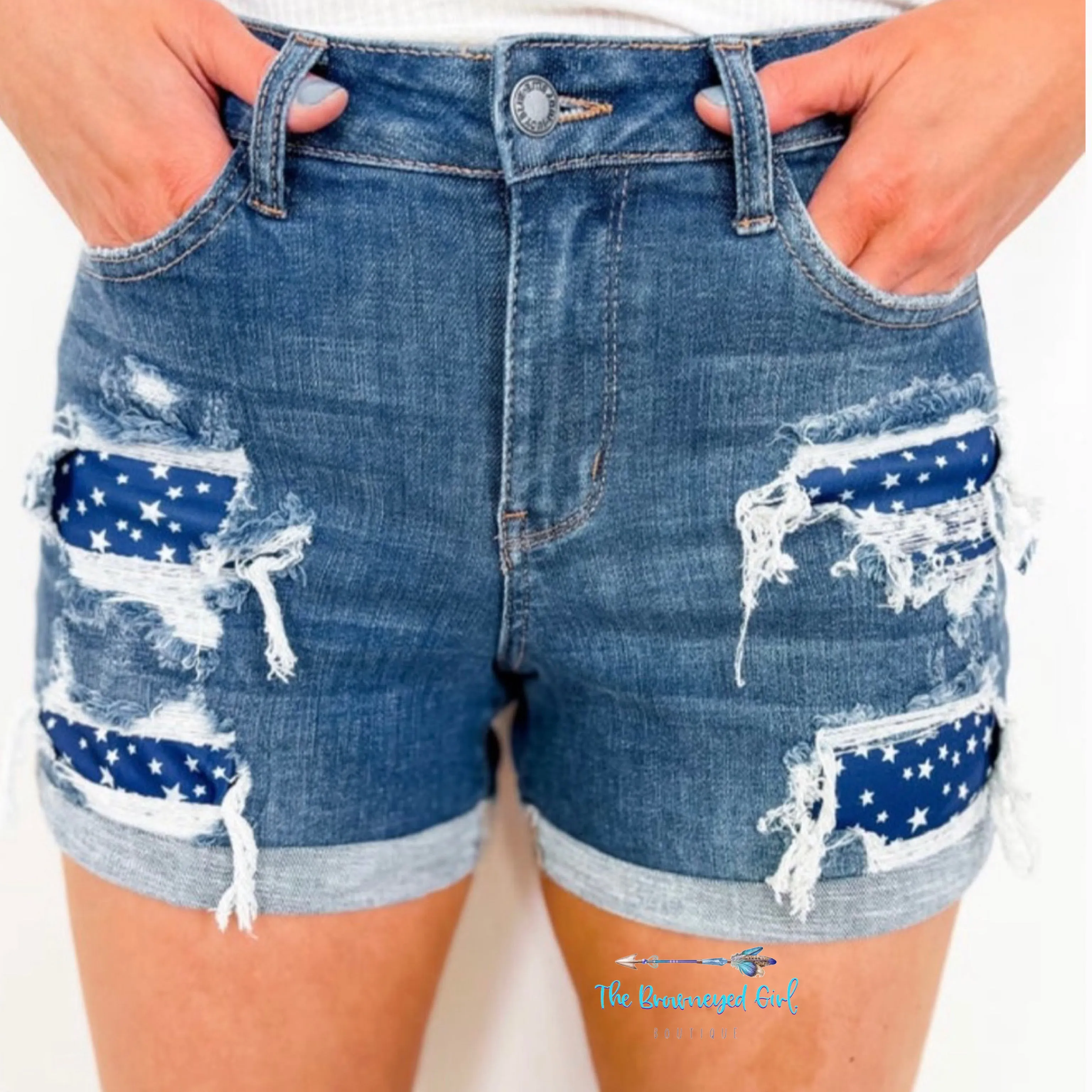 Judy Distressed Blue Star Patched Shorts