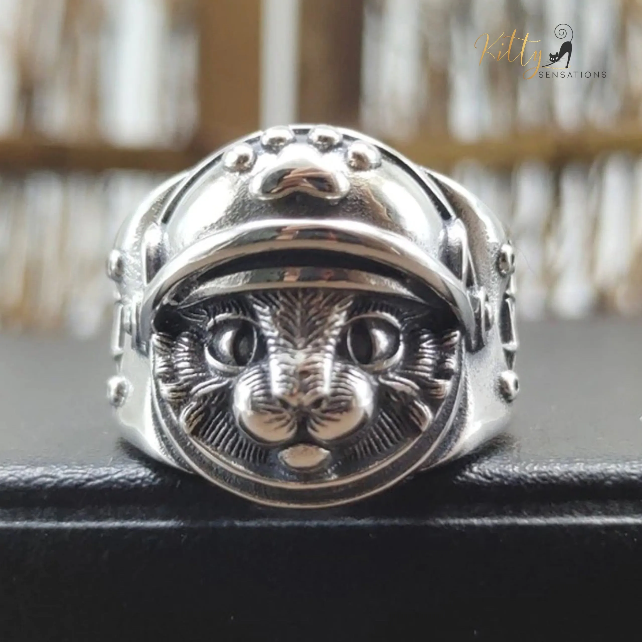 Knighted Kitty in Shining Armor Ring in Solid 925 Sterling Silver - Adjustable Size